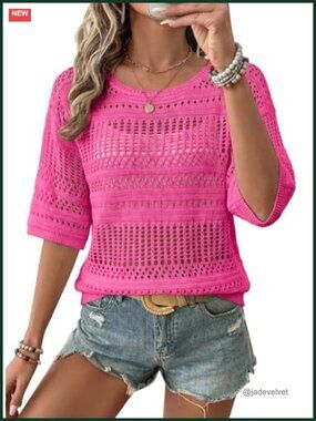 Women's Crochet Knit Pullover Sweater Half Sleeve Boho Resort Wear